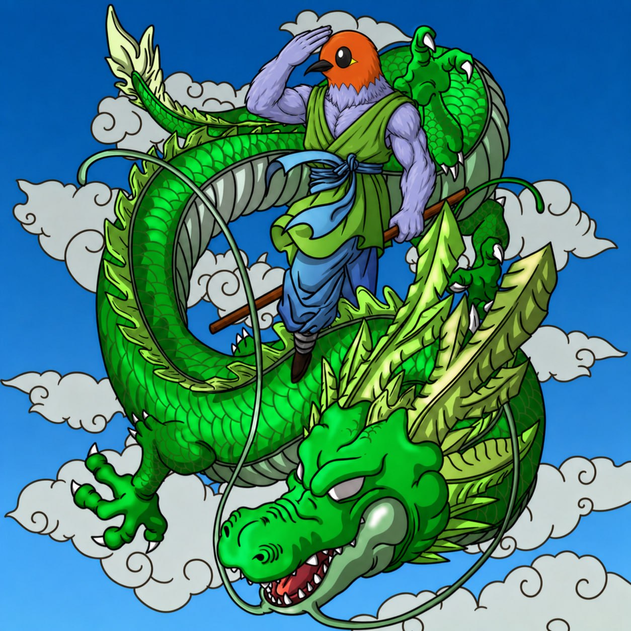 Fletchling as Goku riding a green dragon